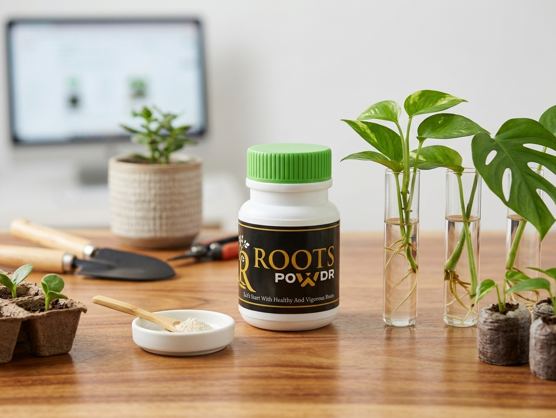 A white bottle of ROOTS POWDR with a green cap stands on a wooden table, surrounded by small potted plants, glass test tubes with roots, a small dish with powder, and gardening tools in a softly blurred indoor setting.